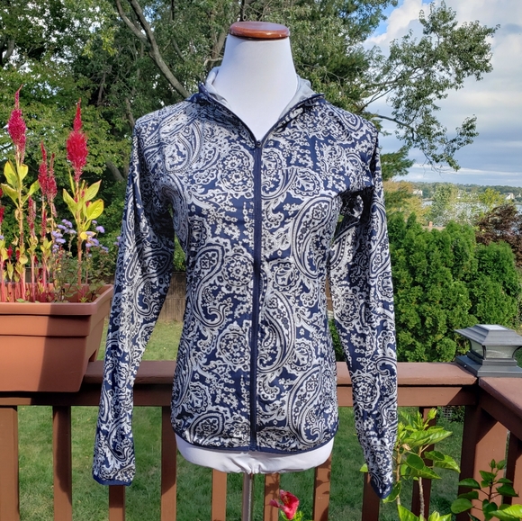 NEW BALANCE Jacket Windbreaker Blue Lightweight Hoodie Paisley XS - Picture 13 of 16